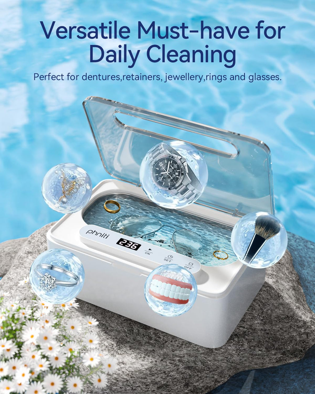Ultrasonic Jewelry Cleaner, 47Khz Ultrasonic Cleaner for Retainer,Jewelry, Dentures, Aligners with Three Cleaning Modes,12Oz 304 Stainless Steel Tank