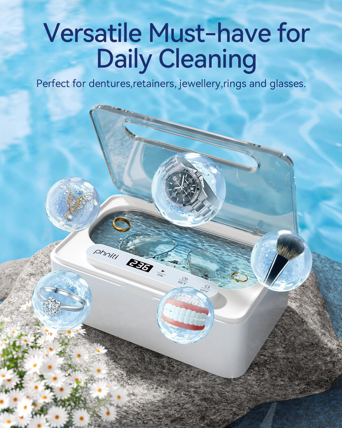 Ultrasonic Jewelry Cleaner, 47Khz Ultrasonic Cleaner for Retainer,Jewelry, Dentures, Aligners with Three Cleaning Modes,12Oz 304 Stainless Steel Tank