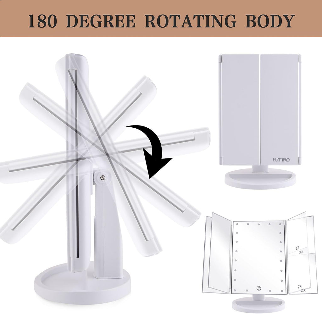 Tri-Fold Lighted Vanity Makeup Mirror with 3X/2X Magnification,21 Leds Light and Touch Screen,180 Degree Free Rotation Countertop Cosmetic Mirror,Travel (White)