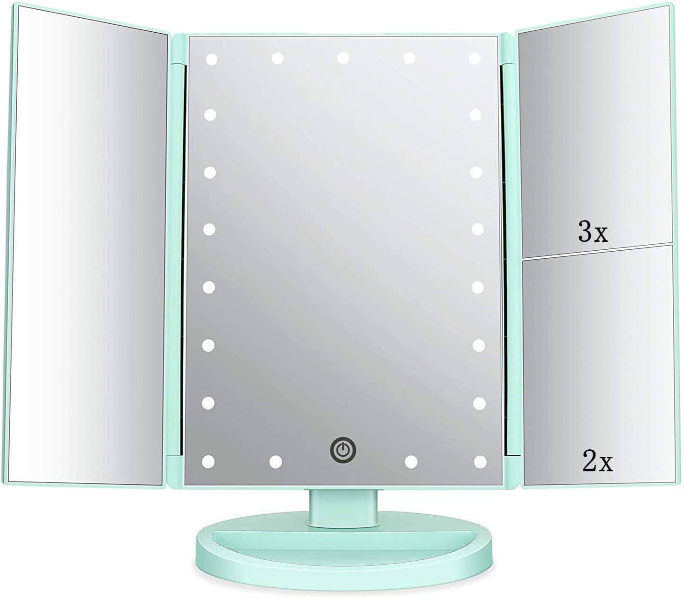 Tri-Fold Lighted Vanity Makeup Mirror with 3X/2X Magnification,21 Leds Light and Touch Screen,180 Degree Free Rotation Countertop Cosmetic Mirror,Travel (White)