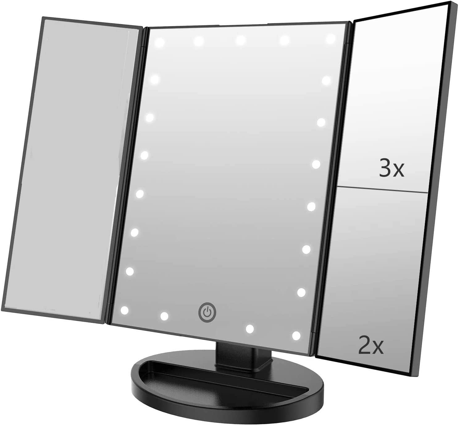 Tri-Fold Lighted Vanity Makeup Mirror with 3X/2X Magnification,21 Leds Light and Touch Screen,180 Degree Free Rotation Countertop Cosmetic Mirror,Travel (White)