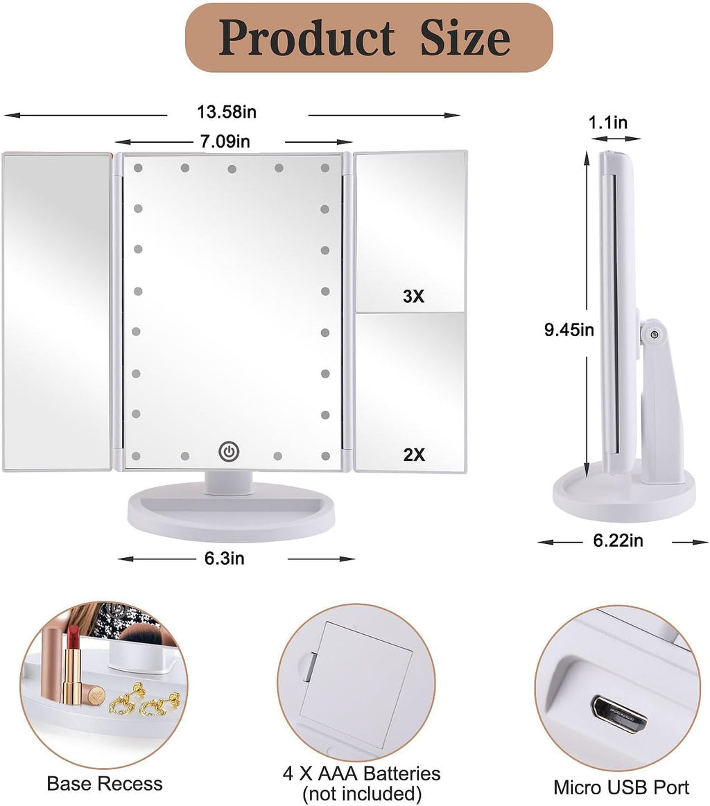 Tri-Fold Lighted Vanity Makeup Mirror with 3X/2X Magnification,21 Leds Light and Touch Screen,180 Degree Free Rotation Countertop Cosmetic Mirror,Travel (White)