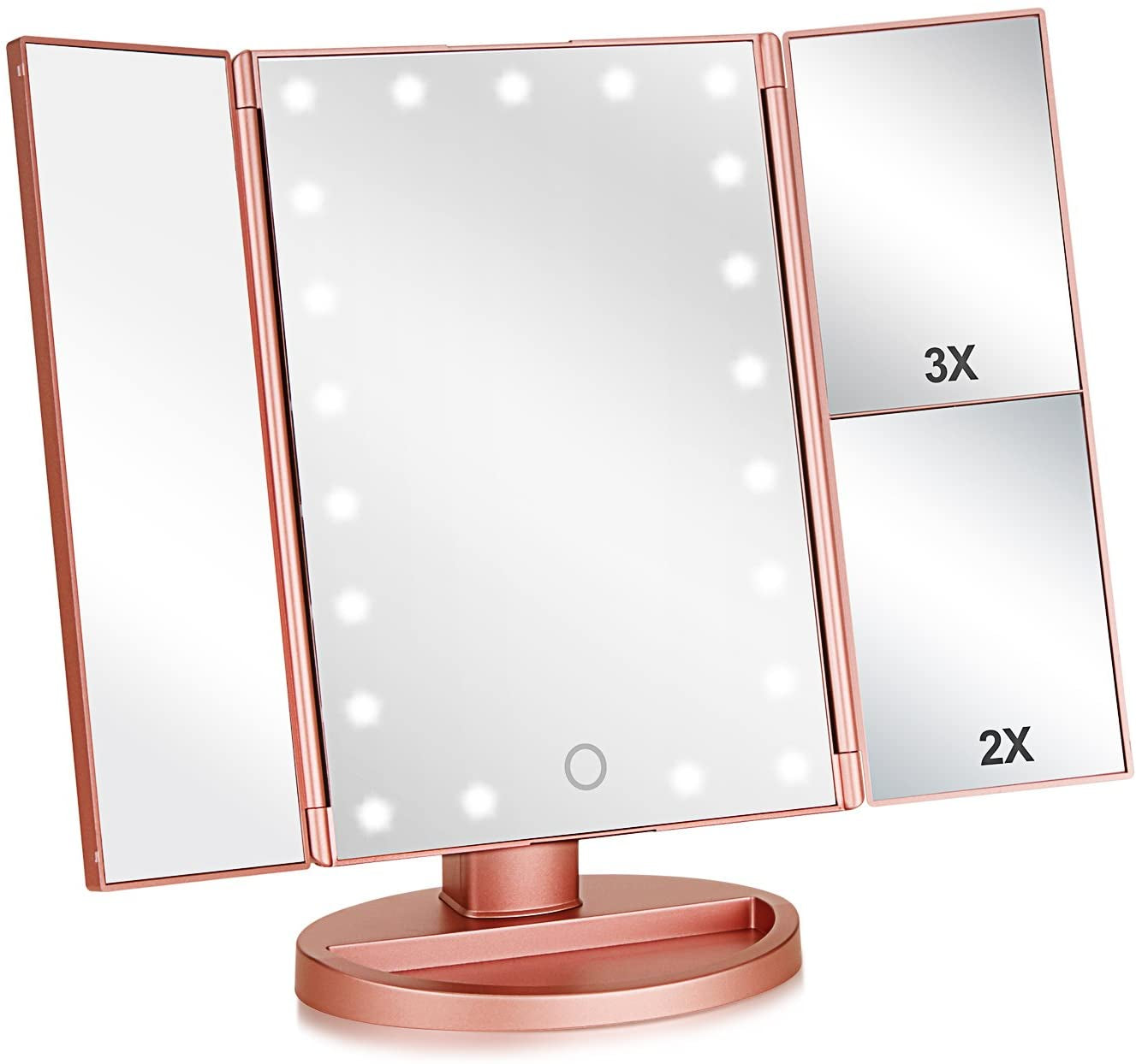 Tri-Fold Lighted Vanity Makeup Mirror with 3X/2X Magnification,21 Leds Light and Touch Screen,180 Degree Free Rotation Countertop Cosmetic Mirror,Travel (White)