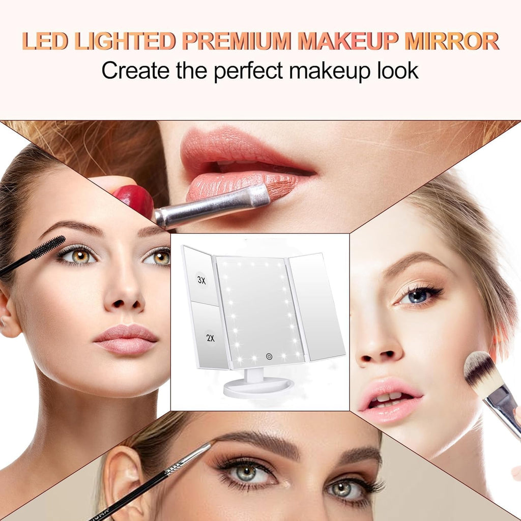 Tri-Fold Lighted Vanity Makeup Mirror with 3X/2X Magnification,21 Leds Light and Touch Screen,180 Degree Free Rotation Countertop Cosmetic Mirror,Travel (White)