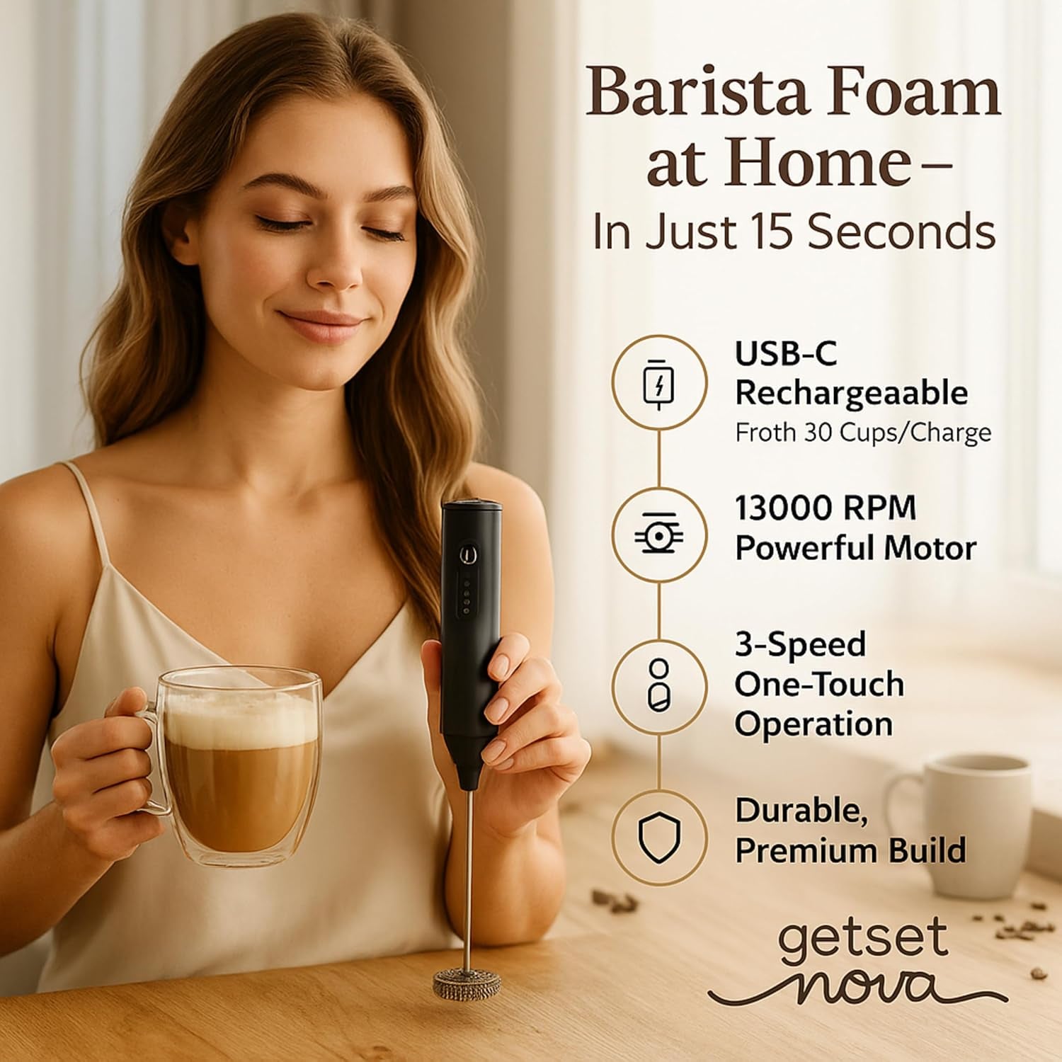 Milk Frother for Coffee, Rechargeable Electric Handheld Frother Wand with Dual Whisk, 3 Speed Settings, Fast Recharge, Powerful Motor, Handheld Mixer Electric 1 Year Warranty