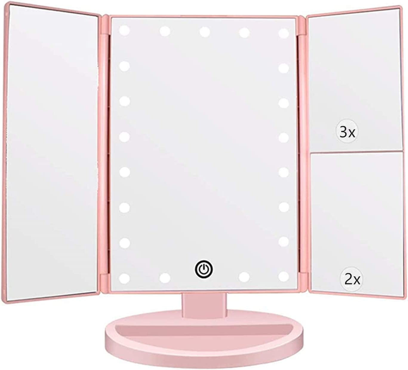 Tri-Fold Lighted Vanity Makeup Mirror with 3X/2X Magnification,21 Leds Light and Touch Screen,180 Degree Free Rotation Countertop Cosmetic Mirror,Travel (White)