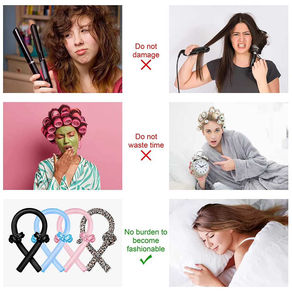 Heatless Curling Rod Headband, No Heat Silk Ribbon Rollers for Overnight Sleeping Curls, Styling Kit with Hair Clips and Scrunchie