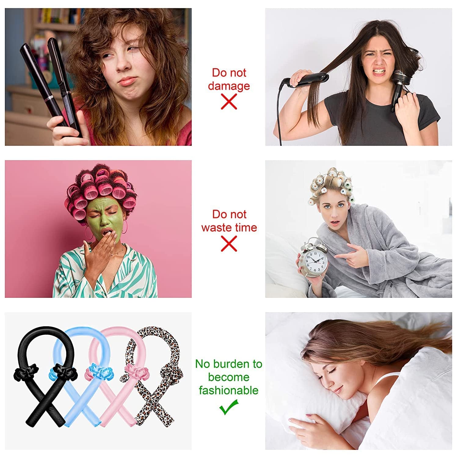 Heatless Curling Rod Headband, No Heat Silk Ribbon Rollers for Overnight Sleeping Curls, Styling Kit with Hair Clips and Scrunchie