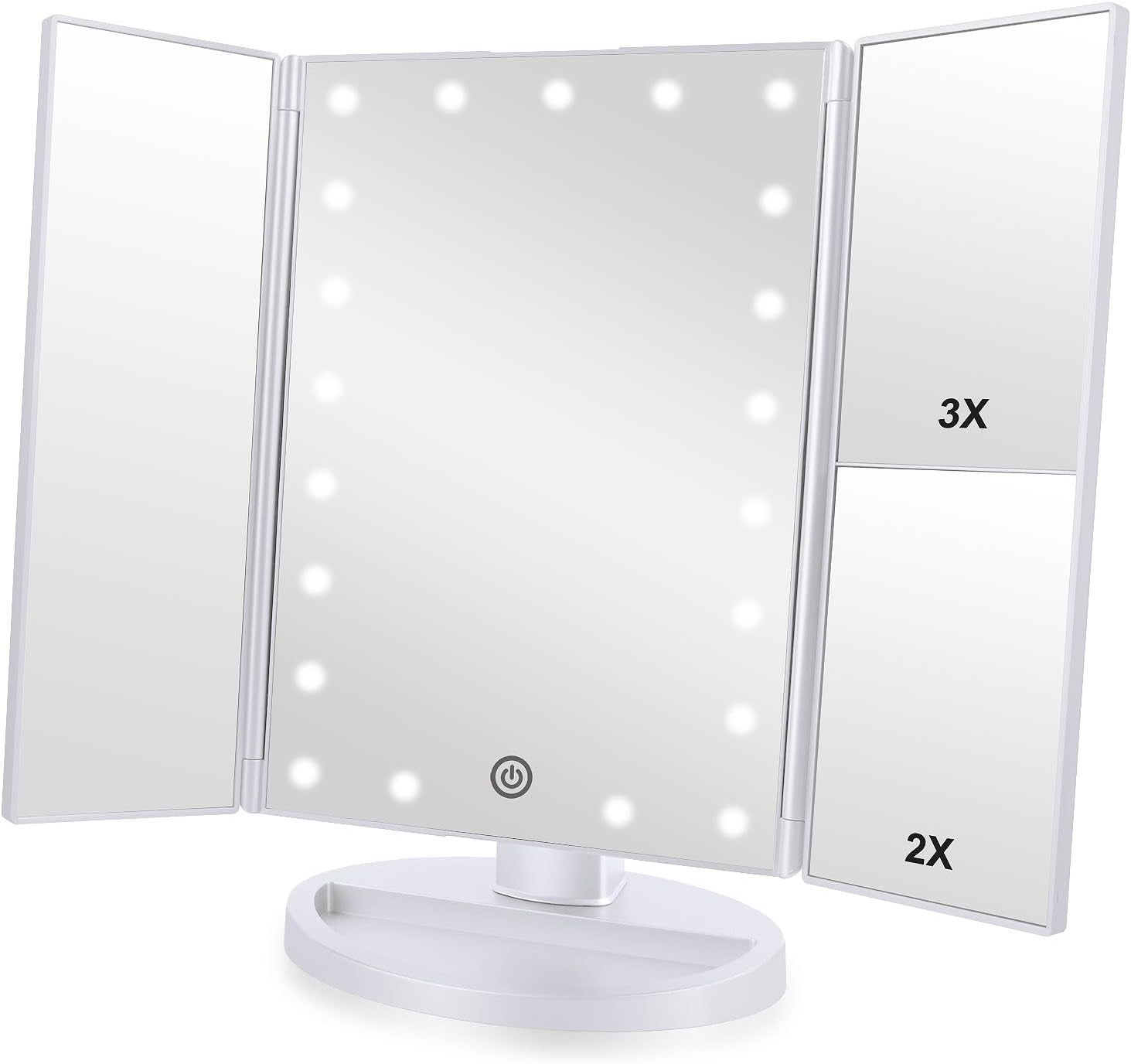 Tri-Fold Lighted Vanity Makeup Mirror with 3X/2X Magnification,21 Leds Light and Touch Screen,180 Degree Free Rotation Countertop Cosmetic Mirror,Travel (White)