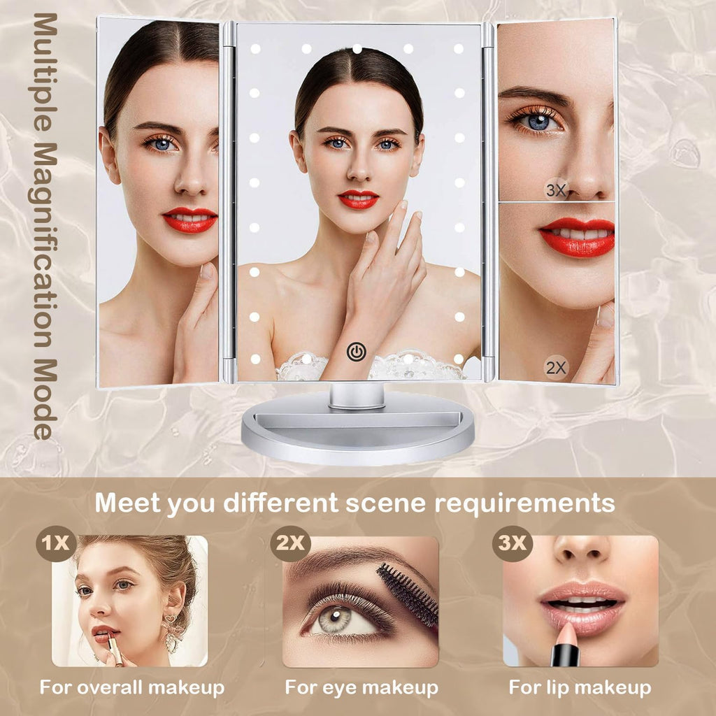 Tri-Fold Lighted Vanity Makeup Mirror with 3X/2X Magnification,21 Leds Light and Touch Screen,180 Degree Free Rotation Countertop Cosmetic Mirror,Travel (White)
