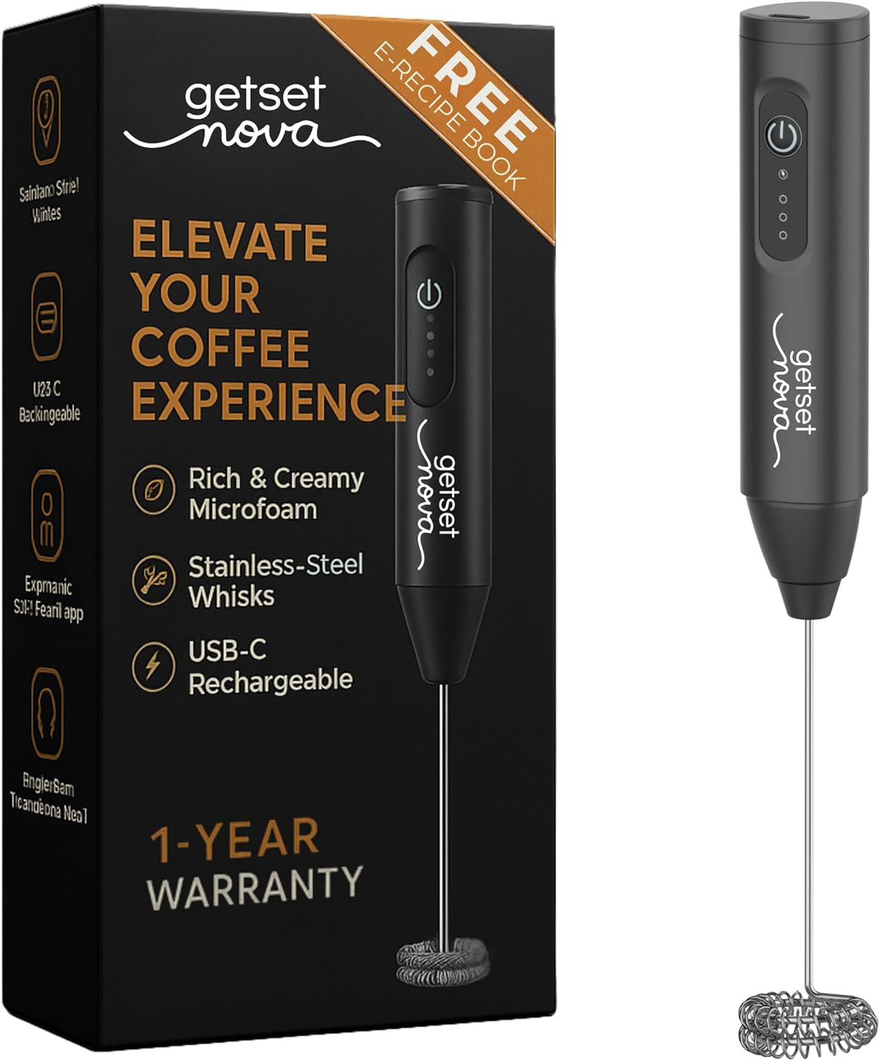 Milk Frother for Coffee, Rechargeable Electric Handheld Frother Wand with Dual Whisk, 3 Speed Settings, Fast Recharge, Powerful Motor, Handheld Mixer Electric 1 Year Warranty