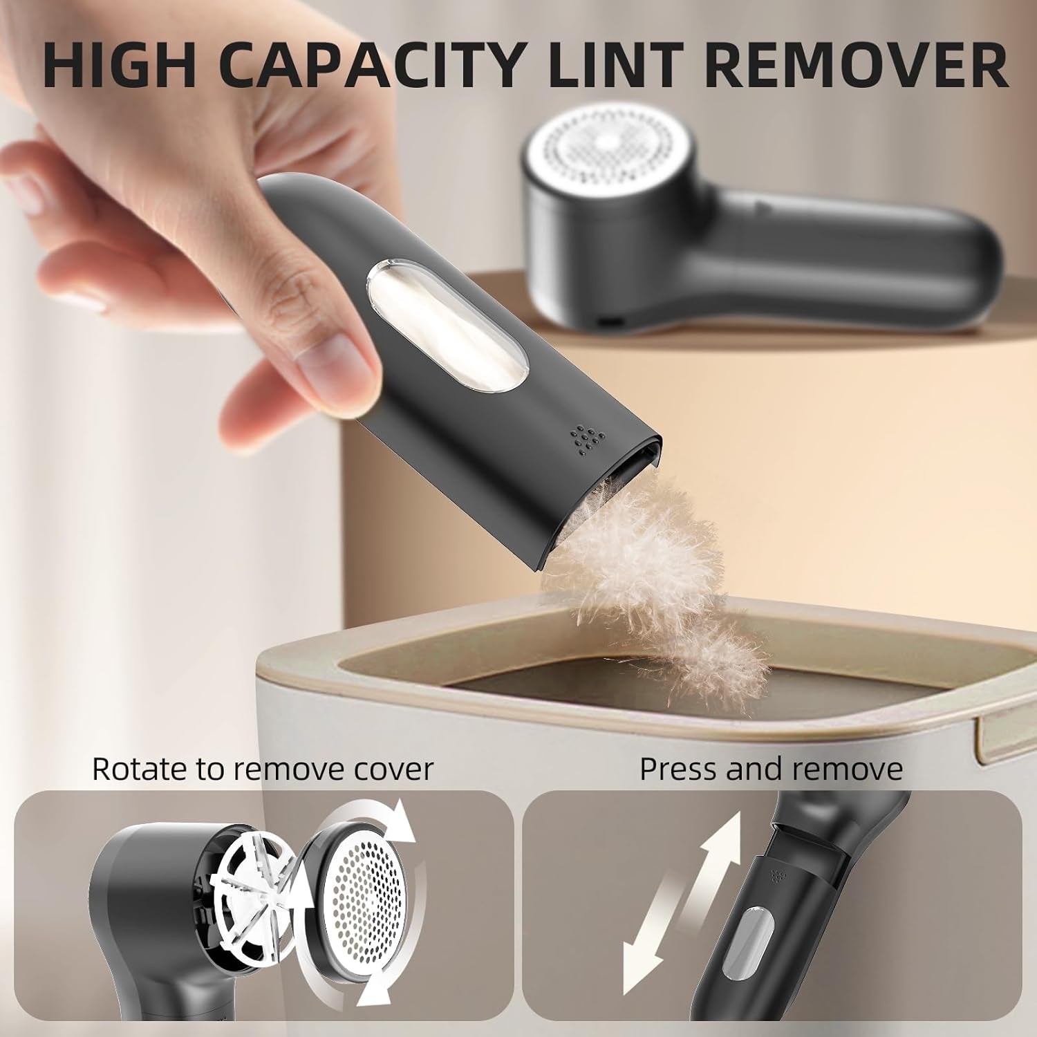 Fabric Shaver, Electric Lint Remover, Rechargeable Lint Shaver, Household Essentials for Clothes, Upholstery, Furniture, Sweater Defuzzer to Remove Pilling, Battery Operated, Black