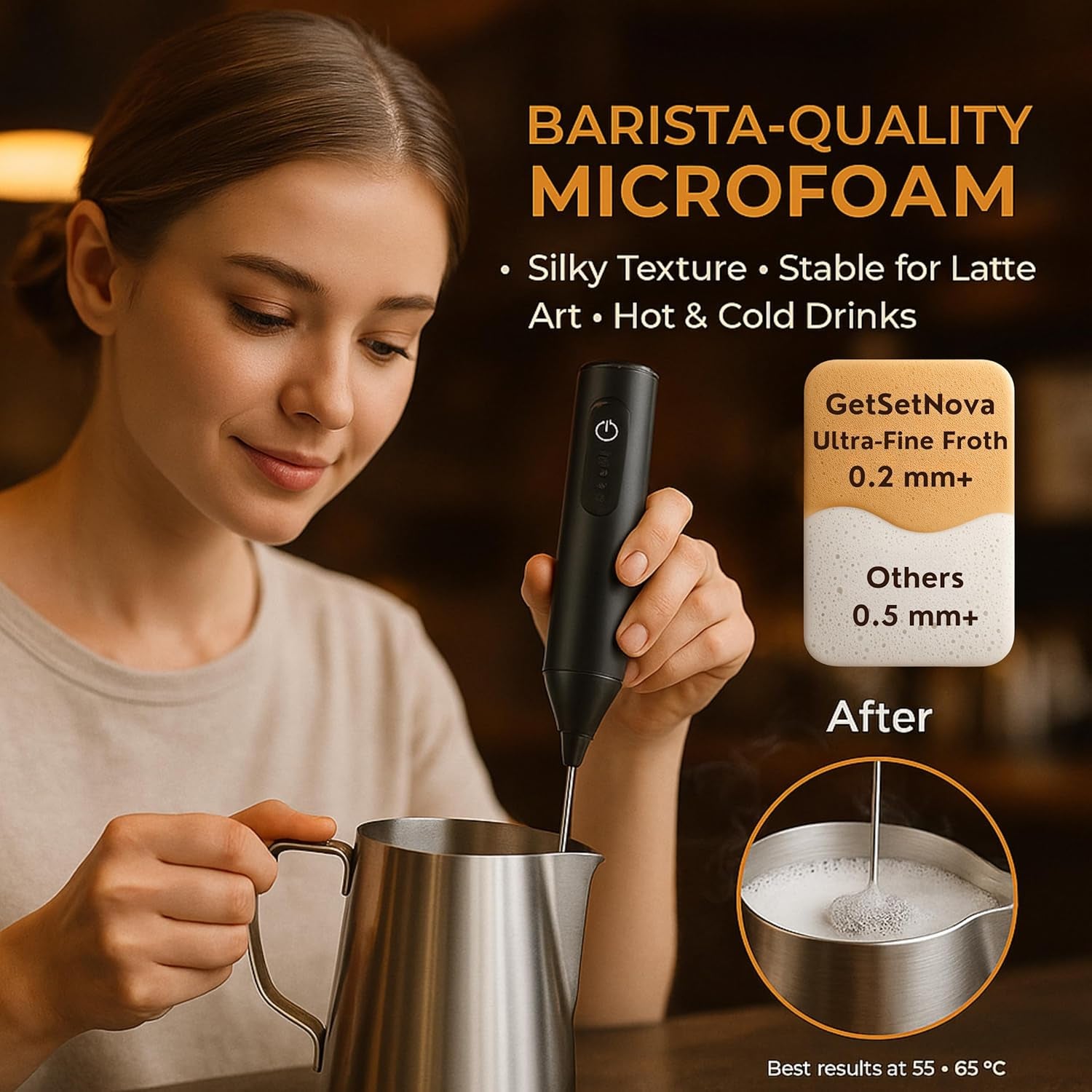 Milk Frother for Coffee, Rechargeable Electric Handheld Frother Wand with Dual Whisk, 3 Speed Settings, Fast Recharge, Powerful Motor, Handheld Mixer Electric 1 Year Warranty