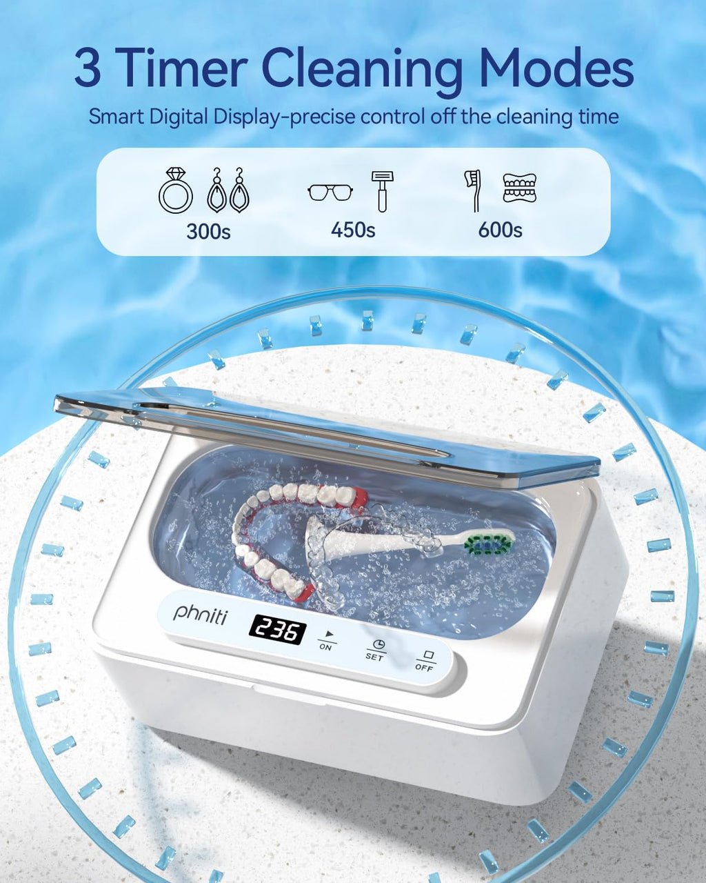 Ultrasonic Jewelry Cleaner, 47Khz Ultrasonic Cleaner for Retainer,Jewelry, Dentures, Aligners with Three Cleaning Modes,12Oz 304 Stainless Steel Tank